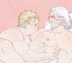 Rule 34 | 13 (13buke ff14), 2boys, abs, arm hair, bara, beard, blonde hair, blush, cid nan garlond, completely nude, couple, facial hair, feet out of frame, final fantasy, final fantasy xiv, from side, grabbing, heart, highres, large pectorals, male focus, mature male, multiple boys, muscular, muscular male, mustache, nero tol scaeva, nipples, nose blush, nude, pectoral grab, pectorals, short hair, sideburns, stomach, stubble, sucking male nipple, thighs, white hair, yaoi
