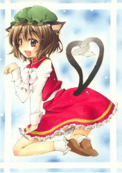 Rule 34 | 1girl, animal ears, bad id, bad pixiv id, bow, bowtie, brown eyes, brown hair, cat ears, cat girl, cat tail, chen, dress, earrings, fang, female focus, hat, heart, heart tail, jewelry, multiple tails, paw pose, shie, shie (m417), shoes, socks, solo, tail, touhou, traditional media