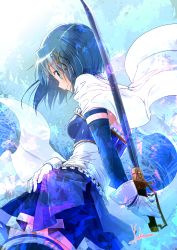 Rule 34 | 1girl, absurdres, blue eyes, blue hair, blue skirt, breasts, cape, cutlass, detached sleeves, fortissimo, gloves, hair ornament, highres, looking at viewer, magical girl, mahou shoujo madoka magica, mahou shoujo madoka magica (anime), mahou shoujo madoka magica movie 1 &amp; 2, medium breasts, miki sayaka, musical note, musical note hair ornament, saber (weapon), skirt, smile, solo, sword, thighhighs, thighs, water, weapon, white cape, white gloves, yoshinaga masahiro