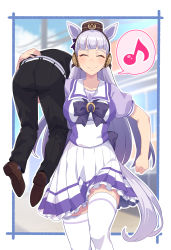 Rule 34 | 1boy, 1girl, animal ears, black pants, blouse, breasts, brown footwear, carrying over shoulder, closed eyes, collarbone, frilled skirt, frills, gold ship (umamusume), highres, horse ears, horse girl, horse tail, large breasts, long hair, matsumoto tomoyohi, musical note, outside border, pants, pillbox hat, pleated skirt, purple shirt, running, sailor collar, school uniform, shirt, short sleeves, silver hair, skirt, smile, spoken musical note, tail, tall female, taller female, thighhighs, tracen school uniform, umamusume, white skirt, white thighhighs