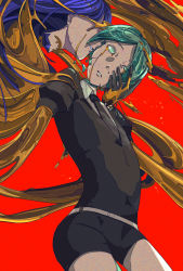 Rule 34 | 2others, androgynous, artist request, black neckwear, black shorts, collared shirt, crack, crystal hair, gem uniform (houseki no kuni), gold, golden arms, highres, houseki no kuni, lapis lazuli (houseki no kuni), long hair, multiple others, necktie, open mouth, other focus, phosphophyllite, profile, puffy short sleeves, puffy sleeves, shirt, short shorts, short sleeves, shorts, spoilers, whispering
