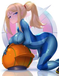 Rule 34 | 1girl, arched back, black footwear, blonde hair, blue bodysuit, blue eyes, blush, bodysuit, boots, breasts, closed mouth, curvy, female focus, hair tie, half-closed eyes, happy, highres, kashu (hizake), kneeling, large breasts, leaning forward, light blush, long hair, looking at viewer, metroid, mole, mole under mouth, nintendo, ponytail, reflection, samus aran, shiny clothes, smile, smug, solo, zero suit
