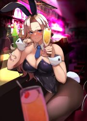 Rule 34 | 1girl, 1other, absurdres, alternate costume, animal ears, bar (place), black leotard, black pantyhose, blonde hair, blue eyes, blue necktie, bow, bowtie, breasts, cleavage, cowboy shot, detached collar, drink, highres, hornet (kancolle), kantai collection, large breasts, leotard, long hair, necktie, oniken, pantyhose, playboy bunny, pov, rabbit ears, rabbit tail, sitting, tail, wrist cuffs