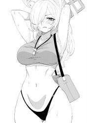 Rule 34 | 1girl, animal ears, arms behind head, bag, blue archive, blush, breasts, cowboy shot, greyscale, hair over one eye, halo, highres, kanna (blue archive), large breasts, long hair, marurumaru00, monochrome, navel, open mouth, simple background, solo, sports bra, stomach, whistle, whistle around neck, white background