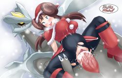 Rule 34 | 1girl, 1other, artist name, boots, brown hair, bulge, censored, christmas, clothed sex, creatures (company), cum, cum in pussy, game freak, gen 5 pokemon, green eyes, hat, highres, interspecies, kyurem, legendary pokemon, nintendo, penis, pokemon, pokemon (creature), pokemon masters ex, pokephilia, red rad rebel, rosa (holiday 2019) (pokemon), rosa (pokemon), santa costume, santa hat, sex, stomach bulge, tongue, tongue out, torn clothes, torn legwear, vaginal