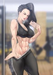 Rule 34 | 1girl, abs, black hair, blurry, brazil, breasts, brown eyes, capcom, cellphone, cleavage, clothes pull, cornrows, covered erect nipples, dangorou (yushi-art), depth of field, female pov, holding, holding phone, iphone, large breasts, laura matsuda, lipstick, long hair, makeup, muscular, muscular female, navel, no panties, pants, pants pull, phone, pov, pulled by self, reflection, sagging breasts, selfie, smartphone, solo, sports bra, street fighter, street fighter v, sweat, taking picture, thick thighs, thighs, yoga pants