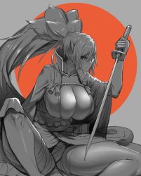 Rule 34 | 1girl, amamiya (abaros), amputee, arc system works, baiken, big hair, black jacket, breasts, cleavage, closed mouth, eyepatch, greyscale, guilty gear, high ponytail, holding, holding sword, holding weapon, huge breasts, jacket, jacket on shoulders, japanese clothes, kataginu, katana, kimono, long hair, monochrome, multicolored clothes, multicolored kimono, one-eyed, open clothes, open kimono, ponytail, samurai, sarashi, sash, scar, scar across eye, scar on face, sidelocks, sitting, sword, thighs, unfinished, very long hair, weapon