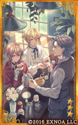 Rule 34 | 3boys, ascot, black pants, black vest, blonde hair, blue ribbon, box, brooch, brown vest, bungou to alchemist, card (medium), center frills, closed mouth, conan doyle (bungou to alchemist), copyright notice, counter, cowboy shot, creamer (vessel), cup, dethmath, drawing (object), flower, frills, giving, gloves, grey hair, grey shirt, hair between eyes, hanging light, holding, holding cup, holding saucer, holding teapot, indoors, izumi kyouka (bungou to alchemist), jacket, jam, jewelry, lapels, long sleeves, looking at another, lowres, male focus, medium hair, miki rofuu (bungou to alchemist), multiple boys, neck ribbon, notched lapels, official art, pants, parted bangs, parted lips, pink flower, pink rose, plant, plate, profile, puffy long sleeves, puffy sleeves, purple eyes, ramekin, red ascot, red eyes, red jacket, red ribbon, ribbon, rose, saucer, scone, shirt, short hair, short hair with long locks, sitting, smile, standing, steam, sunlight, tea, teacup, teapot, upper body, vase, vest, whipped cream, white flower, white gloves, white rose, white shirt, window, wooden floor