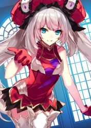 Rule 34 | &gt;:), 1girl, aosaki yukina, bare shoulders, blue eyes, boots, cowboy shot, dress, fate/grand order, fate (series), gloves, hat, long hair, marie antoinette (fate), parted lips, reaching, reaching towards viewer, red dress, red gloves, short dress, silver hair, sleeveless, sleeveless dress, smile, solo, thigh boots, thighhighs, tsurime, twintails, v-shaped eyebrows, very long hair, zettai ryouiki
