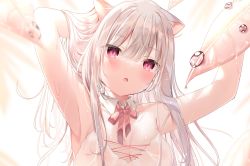Rule 34 | 1girl, animal ear fluff, armpits, arms up, bare shoulders, blurry, blurry background, blurry foreground, bow, breasts, collar, collarbone, commentary request, depth of field, detached collar, dress, hair between eyes, hand in own hair, highres, leaf, long hair, mafuyu (chibi21), medium breasts, original, red bow, red eyes, silver hair, sleeveless, sleeveless dress, slit pupils, solo, strap slip, upper body, very long hair, water drop, white collar, white dress, wing collar
