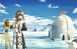 Rule 34 | 1girl, animal, antarctica, arknights, bird, blue sky, brown hair, chinese commentary, cloud, cloudy sky, coat, commentary, gloves, highres, igloo, looking at animal, magallan (arknights), mask, mask around neck, mountain, penguin, short hair, sin., sky, smile, snow, snow shelter, solo, squinting, theodolite, white coat, white gloves, white hair, yellow eyes