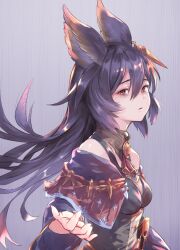Rule 34 | 1girl, animal ears, ascot, bags under eyes, black hair, breasts, commentary request, dress, earrings, erune, granblue fantasy, hair between eyes, jewelry, long hair, long sleeves, looking at viewer, medium breasts, multicolored hair, nier (granblue fantasy), parted lips, purple hair, red eyes, simple background, single earring, solo, tomamatto, upper body, very long hair