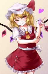 Rule 34 | 1girl, ascot, belt, blonde hair, blush, bow, breasts, brown background, closed mouth, collar, collarbone, collared shirt, crystal, eyes visible through hair, flandre scarlet, frills, gradient background, hair between eyes, hand up, hat, hat ribbon, heart, heart print, jewelry, looking to the side, medium breasts, mob cap, multicolored wings, one eye closed, one side up, pointing, puffy short sleeves, puffy sleeves, red eyes, red ribbon, red skirt, red vest, ribbon, riria (liry a flower), shirt, short hair, short sleeves, skirt, smile, solo, standing, touhou, vest, white belt, white bow, white hat, white shirt, wings, yellow ascot, yellow background