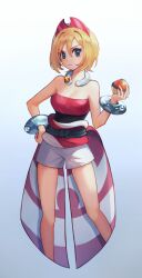 Rule 34 | 1girl, aqua eyes, blonde hair, bracelet, breasts, cleavage, closed mouth, collar, commentary request, creatures (company), eyelashes, game freak, gradient background, hair between eyes, hairband, hand on own hip, hand up, highres, holding, holding poke ball, irida (pokemon), jewelry, kkomommo, medium breasts, nintendo, poke ball, poke ball (legends), pokemon, pokemon legends: arceus, sash, shirt, short hair, shorts, solo, strapless, strapless shirt, waist cape