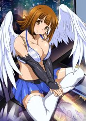 Rule 34 | 00s, 1girl, ato (ikkitousen), blue skirt, bra, breasts, brown eyes, brown hair, cleavage, collar, collarbone, detached sleeves, feathered wings, highres, ikkitousen, indoors, large breasts, long hair, looking at viewer, no shoes, official art, pleated skirt, short hair, sitting, skirt, smile, solo, striped bra, striped clothes, thighhighs, underwear, white thighhighs, white wings, wings