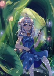 Rule 34 | 1girl, blue dress, blue eyes, blue hair, blunt bangs, bow, bowtie, dress, elun (elun 00), gawr gura, hair ornament, highres, holding, holding plant, hololive, hololive english, leaf, mini person, miniature, minigirl, multicolored hair, open mouth, outdoors, plant, red bow, red bowtie, sharp teeth, short twintails, solo, streaked hair, sunlight, tail, teeth, twintails, virtual youtuber, water drop, white hair, white legwear