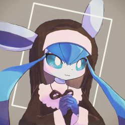 Rule 34 | 1girl, :3, animal ears, black dress, black headwear, blue fur, blue hair, blue sclera, blush, body fur, closed mouth, colored sclera, creatures (company), cropped, dress, ears through headwear, female focus, flat chest, furry, furry female, game freak, gen 4 pokemon, glaceon, grey background, habit, hair between eyes, hands up, happy, highres, interlocked fingers, long hair, long sleeves, multicolored hair, nintendo, nun, own hands together, personification, pokemon, pokemon (creature), samenoha (salmon no kaori), sidelocks, simple background, smile, solo, traditional nun, twintails, two-tone fur, two-tone hair, upper body, white eyes, wide sleeves