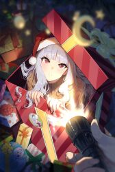 Rule 34 | 1girl, 1other, absurdres, blush, box, brown sweater, christmas, flashing, flashlight, fur-trimmed headwear, fur trim, gift, gift box, grey hair, hat, highres, holding, holding flashlight, idolmaster, in container, looking at viewer, midnamana, pov, pov hands, red eyes, santa hat, shijou takane, sweater