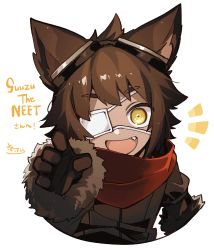 Rule 34 | :d, absurdres, animal ear fluff, animal ears, black gloves, black jacket, brown hair, commentary request, commission, copyright request, cropped torso, fang, fur-trimmed sleeves, fur trim, gloves, goggles, goggles on head, highres, jacket, long sleeves, looking at viewer, notice lines, open mouth, outstretched arm, red scarf, scarf, short eyebrows, signature, simple background, skeb commission, smile, sofra, thick eyebrows, translation request, upper body, white background