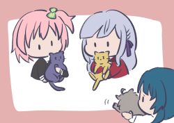 Rule 34 | 3girls, ahoge, aizawa kazuha, animal, animalization, assault lily, black shirt, blue hair, border, cat, chibi, clover hair ornament, commentary request, cropped torso, grey cat, grey hair, hair ornament, hair ribbon, herensuge girls academy school uniform, highres, hitotsuyanagi riri, holding, holding animal, holding cat, kabayaki (kabayaki eel), kanba girls high school uniform, kon kanaho, long hair, long sleeves, looking at another, looking at viewer, miyagawa takane, motion lines, multiple girls, no mouth, one side up, outside border, pink hair, profile, purple cat, purple ribbon, red border, red shirt, ribbon, sasaki ran, school uniform, shirai yuyu, shirt, short hair, sidelocks, simple background, solid oval eyes, white background, white shirt, yellow cat, yurigaoka girls academy school uniform