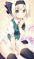Rule 34 | 1girl, arm support, black thighhighs, colorized, dress shirt, green eyes, hair ribbon, hairband, hand on own chest, highres, konpaku youmu, looking at viewer, niwashi (yuyu), no pants, no shoes, panties, pink panties, puffy short sleeves, puffy sleeves, ribbon, shirt, short hair, short sleeves, silver hair, sitting, smile, solo, thighhighs, touhou, underwear, vest, wariza, yellow background