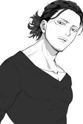 Rule 34 | 1boy, 2elu2, absurdres, adam&#039;s apple, bags under eyes, boku no hero academia, collarbone, eraser head (boku no hero academia), facial hair, greyscale, highres, long sleeves, looking at viewer, male focus, monochrome, mustache, parted lips, pectorals, scar, scar on face, short hair, solo, sparse stubble