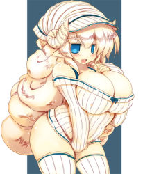 Rule 34 | 1girl, belly, blonde hair, blue background, blue eyes, breasts, cleavage, curly hair, horns, huge breasts, long hair, open mouth, original, plump, pointy ears, ribbed sweater, sakaki (noi-gren), sheep horns, simple background, smile, solo, sweater, thick thighs, thighhighs, thighs, very long hair