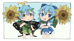 Rule 34 | 2girls, antennae, aqua hair, bad id, bad pixiv id, bare legs, barefoot, blue bow, blue dress, blue eyes, blue hair, blush, bow, butterfly wings, chibi, cirno, collared shirt, dress, eternity larva, fairy, fang, flower, full body, green dress, hair between eyes, hair bow, holding, holding flower, ice, ice wings, insect wings, leaf, leaf on head, looking at viewer, multicolored clothes, multicolored dress, multiple girls, open mouth, poco (zdrq3), puffy short sleeves, puffy sleeves, shirt, short hair, short sleeves, single strap, skin fang, sunflower, touhou, white shirt, wings, yellow eyes, yellow flower