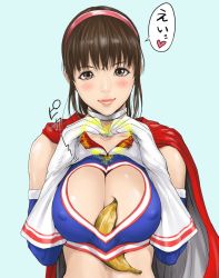 Rule 34 | 1girl, bad id, bad twitter id, banana, blue background, blush, breasts, brown hair, cape, cleavage, cleavage cutout, clothing cutout, collar, dead or alive, detached sleeves, covered erect nipples, eyelashes, female focus, food, fruit, gloves, hairband, heart, heart hands, hitomi (doa), large breasts, lips, long hair, looking at viewer, redlight, simple background, smile, solo, speech bubble, upper body, white gloves