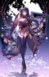 Rule 34 | 1girl, abstract background, absurdres, arm at side, armor, artist name, breasts, bridal gauntlets, chinese commentary, cleavage, commentary request, expressionless, floating hair, flower, flower knot, full body, genshin impact, gradient background, hair flower, hair intakes, hair ornament, hand up, highres, japanese clothes, kimono, long hair, looking at viewer, low-braided long hair, low-tied long hair, mitsudomoe (shape), mole, mole under eye, nail polish, neck ribbon, obi, obiage, obijime, okobo, orbital path, painting (object), parted lips, pauldrons, platform footwear, purple background, purple eyes, purple hair, purple kimono, purple nails, purple thighhighs, raiden shogun, red ribbon, ribbon, sandals, sash, shoulder armor, signature, single pauldron, solo, standing, tassel, thighhighs, tomoe (symbol), wide sleeves, zhaoshao wan harita