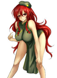 Rule 34 | 1girl, absurdres, amagi (amagi626), bare shoulders, beret, blush, braid, breasts, chinese clothes, cowboy shot, hat, highres, hong meiling, huge breasts, leaning forward, long hair, looking at viewer, red eyes, red hair, simple background, smile, solo, standing, star (symbol), thighs, touhou, twin braids, very long hair, white background