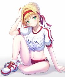 Rule 34 | 1girl, ahoge, arm up, blonde hair, blush, braid, buruma, closed mouth, collarbone, fate/grand order, fate (series), french braid, full body, gym uniform, hair bun, hair intakes, hairband, highres, looking at viewer, midriff, name tag, navel, nero claudius (fate), nero claudius (fate) (all), nero claudius (fate/extra), nero claudius (olympian bloomers) (fate), official alternate costume, pdxen, red buruma, shirt, shoes, sidelocks, simple background, single hair bun, sitting, smile, sneakers, solo, thighs, tied shirt, white background