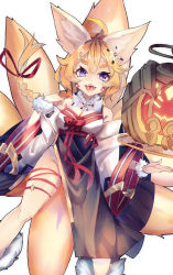 Rule 34 | 1girl, ahoge, animal ears, bare shoulders, blue eyes, breasts, cleavage, eight-tailed fox nari, feet out of frame, fox ears, fox girl, fox tail, guardian tales, hair ornament, highres, korean clothes, looking at viewer, medium breasts, multiple tails, open mouth, red ribbon, ribbon, silver (suwakosuwako), smile, tail, teeth, white background