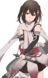 Rule 34 | 10s, 1girl, bandaged leg, bandages, bandaid, black hair, brown eyes, commentary request, cowboy shot, elbow gloves, gloves, hair between eyes, hair ornament, holding, holding torpedo, kantai collection, long hair, machinery, pleated skirt, rigging, rinto (rint rnt), scarf, school uniform, sendai (kancolle), sendai kai ni (kancolle), simple background, skirt, sleeveless, solo, splint, torpedo, two side up, weapon, white background, white scarf