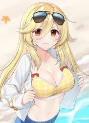 Rule 34 | 1girl, alternate breast size, beach, bikini, bikini top only, bikini under clothes, blonde hair, bow, bow swimsuit, breasts, cleavage, commentary, english commentary, eyewear on head, girls&#039; frontline, gold trim, hair between eyes, highres, large breasts, light blush, light smile, long hair, long sleeves, looking at viewer, mod3 (girls&#039; frontline), nagant revolver (girls&#039; frontline), nagant revolver (mod3) (girls&#039; frontline), navel, no headwear, open clothes, open shirt, red bow, red eyes, rynzfrancis, sand, shirt, sidelocks, solo, starfish, sunglasses, swimsuit, swimsuit under clothes, undressing, water, white shirt, yellow bikini