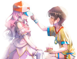 Rule 34 | 2girls, baseball cap, black hair, closed eyes, crown, dress, from side, gradient hair, grin, hand on headwear, hat, himemori luna, himemori luna (1st costume), holding, holding crown, hololive, kubota masaki, long hair, multicolored hair, multiple girls, oozora subaru, oozora subaru (1st costume), open mouth, pink dress, pink hair, shirt, short hair, short sleeves, shorts, simple background, sitting, smile, stopwatch, stopwatch around neck, striped clothes, striped shirt, t-shirt, thighhighs, vertical-striped clothes, vertical-striped shirt, virtual youtuber, watch, wavy hair, whistle, whistle around neck, white background, white legwear, white shorts