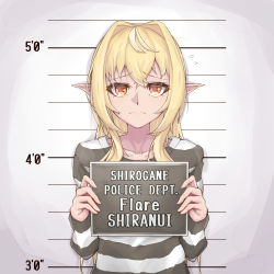 Rule 34 | bad id, bad pixiv id, blonde hair, brown eyes, character name, collarbone, commentary request, dark-skinned female, dark skin, eihire, elf, frown, furrowed brow, hair intakes, hair over shoulder, holding, holding sign, hololive, long hair, mugshot, multicolored hair, orange eyes, pointy ears, prison clothes, shiranui flare, sidelocks, sign, solo, streaked hair, sweatdrop, upper body, virtual youtuber
