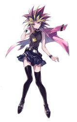 Rule 34 | 1girl, absurdres, bare shoulders, belt, black choker, black thighhighs, blonde hair, blue skirt, bracelet, chain, choker, closed mouth, dyed bangs, full body, genderswap, genderswap (mtf), highres, jacket, jacket on shoulders, jewelry, looking at viewer, maruchi, millennium puzzle, multicolored hair, necklace, pink jacket, purple eyes, red hair, short hair, simple background, skirt, solo, thighhighs, white background, yami yugi, yu-gi-oh!