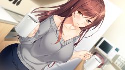 Rule 34 | 1girl, :&gt;, ayase hazuki, blurry, blurry background, blush, breasts, brown hair, cleavage, coffee, cowboy shot, cup, eyebrows hidden by hair, feet out of frame, female focus, game cg, hands up, happy, highres, holding, holding mug, indoors, kitchen, large breasts, legs, long hair, looking at viewer, microwave, mole, mole under eye, mug, orange eyes, original, smile, smoke, solo, standing, tachibana iori, thighs, yubisaki connection