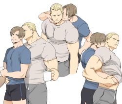 Rule 34 | 2boys, black shorts, blonde hair, blue eyes, blue shirt, brown hair, closed mouth, clothes lift, couple, cup, dolphin shorts, grey pants, grey shirt, groping, holding, holding cup, hug, hug from behind, jack krauser, large pectorals, leon s. kennedy, lifting another&#039;s clothes, looking at another, male focus, multiple boys, muscular, muscular male, pants, pectorals, resident evil, resident evil: the darkside chronicles, resident evil 4, shirt, shirt lift, short hair, shorts, smile, tatsumi (psmhbpiuczn), teeth, yaoi