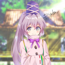 Rule 34 | 1girl, architecture, blush, bow, building, crossed arms, day, east asian architecture, grey eyes, grey hair, hat, high collar, japanese clothes, kariginu, light rays, long hair, long sleeves, looking at viewer, mononobe no futo, outdoors, ponytail, purple bow, ribbon-trimmed sleeves, ribbon trim, ryuka, signature, smile, solo, sunbeam, sunlight, tate eboshi, touhou