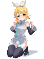 Rule 34 | 1girl, @ @, absurdres, bare shoulders, black footwear, black sleeves, blonde hair, blush, boots, bow, bow hairband, breasts, closed mouth, collared shirt, cosplay, detached sleeves, green eyes, green necktie, grey shirt, hair between eyes, hair ornament, hair ribbon, hairband, hairclip, hands up, hatsune miku, hatsune miku (cosplay), highres, kagamine rin, kneehighs, looking at viewer, necktie, no pants, panties, rakugaki ningen, ribbon, see-through, see-through sleeves, shadow, shirt, short hair, simple background, sleeveless, sleeveless shirt, small breasts, socks, solo, thigh boots, tie clip, underwear, vocaloid, white background, white bow, white hairband, white panties, wide sleeves