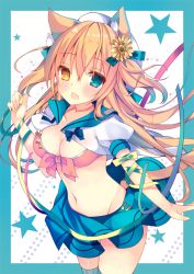 Rule 34 | 1girl, animal ears, blue border, blue bow, blue skirt, blue thighhighs, blush, border, bow, bra, breasts, cat ears, cleavage, collarbone, commentary, cowboy shot, eyebrows, fang, flower, front-tie top, hair between eyes, hair flower, hair ornament, hand up, heterochromia, long hair, looking at viewer, medium breasts, nail polish, navel, open clothes, open mouth, orange hair, original, pink bra, pleated skirt, puffy short sleeves, puffy sleeves, satsuki mayuri, school uniform, serafuku, short sleeves, skirt, solo, standing, star (symbol), stomach, thighhighs, underwear, zettai ryouiki