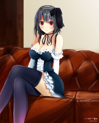 Rule 34 | 10s, 1girl, alternate costume, bad id, bad pixiv id, black hair, black thighhighs, breasts, choker, cleavage, couch, crossed legs, elbow gloves, gloves, hairband, highres, kantai collection, lace, lace-trimmed legwear, lace trim, large breasts, looking at viewer, red eyes, ribbon choker, short hair, sitting, solo, takao (kancolle), tebi (tbd11), thighhighs, white gloves
