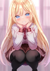 Rule 34 | 1girl, black thighhighs, blonde hair, blue eyes, blush, breasts, collared shirt, feet out of frame, grin, hands on own cheeks, hands on own face, highres, hololive, hololive english, large breasts, long hair, long sleeves, looking at viewer, necktie, plaid, plaid skirt, pleated skirt, puffy long sleeves, puffy sleeves, red necktie, red skirt, shirt, short necktie, skirt, smile, solo, squatting, thighhighs, very long hair, virtual youtuber, watson amelia, white shirt, yuano