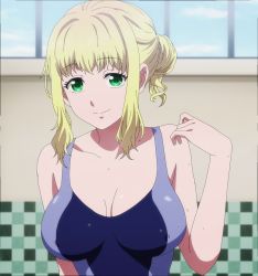 Rule 34 | 1girl, blonde hair, blue one-piece swimsuit, blush, breasts, cleavage, close-up, collarbone, competition swimsuit, covered erect nipples, green eyes, highres, ichijou natsu, one-piece swimsuit, ponytail, shuumatsu no harem, sidelocks, stitched, swimsuit, third-party edit
