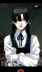 Rule 34 | 1girl, battery indicator, black hair, blood, blood on clothes, blood on face, blood splatter, braid, chalkboard, commentary, dress, green eyes, hair between eyes, highres, hoshi san 3, long hair, long sleeves, looking at viewer, open mouth, original, pinafore dress, recording, shirt, sleeveless, sleeveless dress, sleeves past wrists, solo, symbol-only commentary, teeth, twin braids, upper body, upper teeth only, viewfinder, white shirt