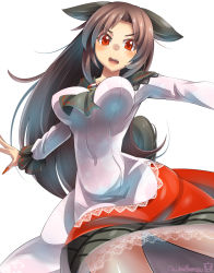 Rule 34 | 1girl, animal ears, blush, breasts, brown hair, dress, fingernails, imaizumi kagerou, jewelry, large breasts, legs, long hair, looking at viewer, open mouth, red eyes, simple background, solo, tail, tears, touhou, umigarasu (kitsune1963), white background, wolf ears, wolf tail