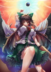 Rule 34 | 1girl, absurdres, arm cannon, asllapistone, breasts, brown hair, cape, frills, from below, green skirt, highres, large breasts, long hair, looking at viewer, open mouth, pointing, pointing up, red eyes, reiuji utsuho, shirt, skirt, solo, touhou, weapon, white shirt, wings