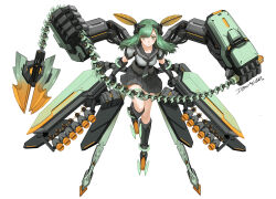 Rule 34 | 1girl, absurdres, black skirt, boots, closed mouth, devil lo, elbow gloves, extra arms, flail, full body, gloves, green eyes, green hair, headgear, highres, long hair, mecha musume, mechanical arms, original, pleated skirt, school uniform, serafuku, short sleeves, signature, simple background, skirt, weapon, white background